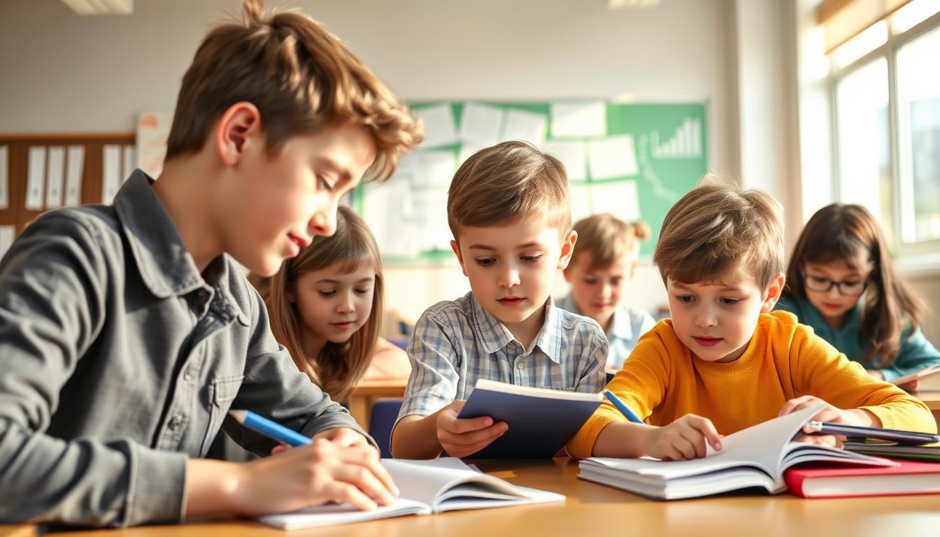 Students studying together in modern classroom